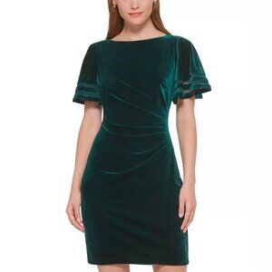 NEW Jessica Howard Velvet Flutter-Sleeve Dress Forest Green Boatneck Cocktail
